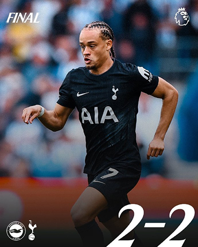 英超:热刺2-2战平布莱顿 理查利森破门 范赫克乌龙
